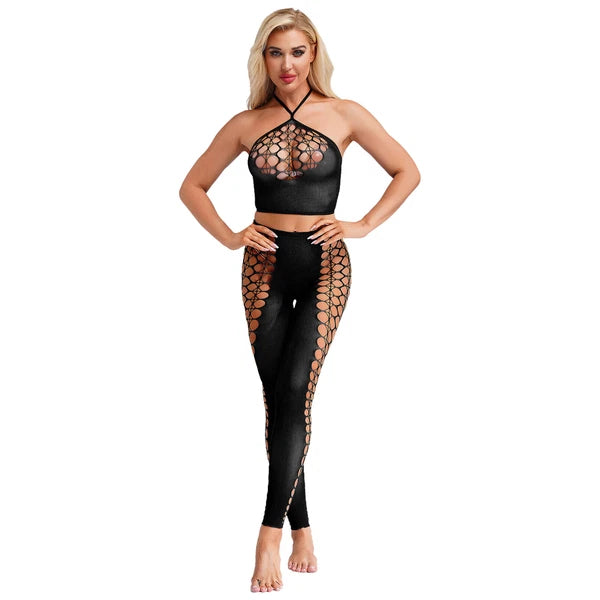 Womens Hollow Out Translucent Lingerie Set Stretchy Fishnet Solid Color Tights