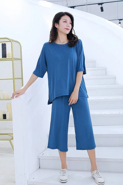 Plus Size XL 150KG Women Modal Pajamas Sets Short Sleeve Top + Calf-Length Pants