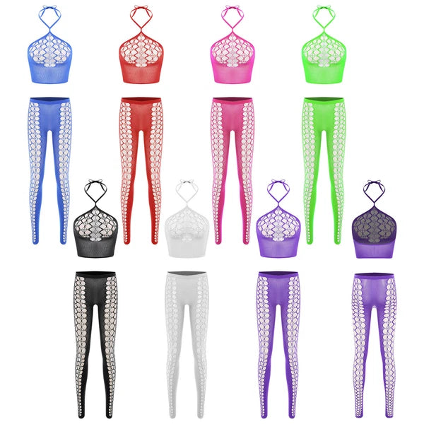 Womens Hollow Out Translucent Lingerie Set Stretchy Fishnet Solid Color Tights