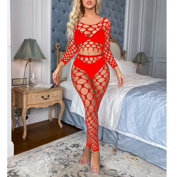 Womens Lingerie Sets Hollow Out See-Through Fishnet Nightwear Crop Top Leggings
