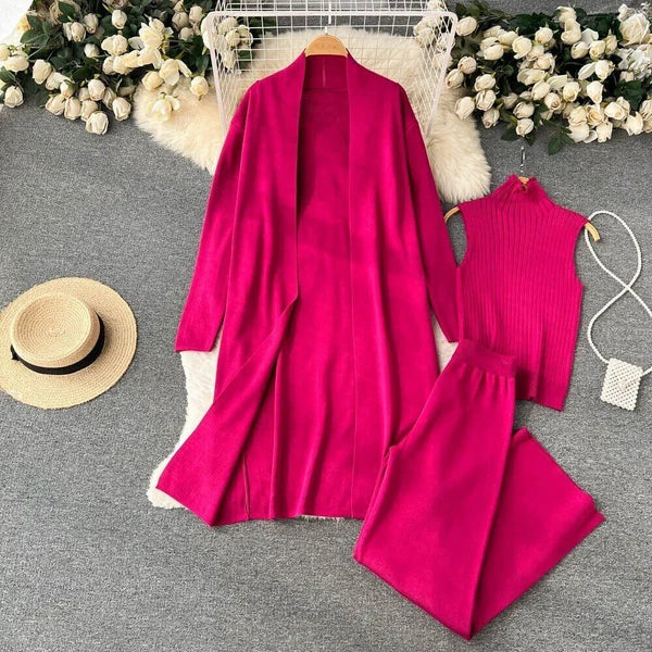 2023 Spring Knitted Women's Long Sleeved Cardigan+vest+long Pants Pajama Set