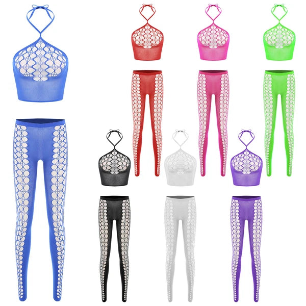 Womens Hollow Out Translucent Lingerie Set Stretchy Fishnet Solid Color Tights