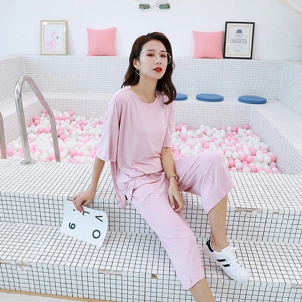 Plus Size XL 150KG Women Modal Pajamas Sets Short Sleeve Top + Calf-Length Pants