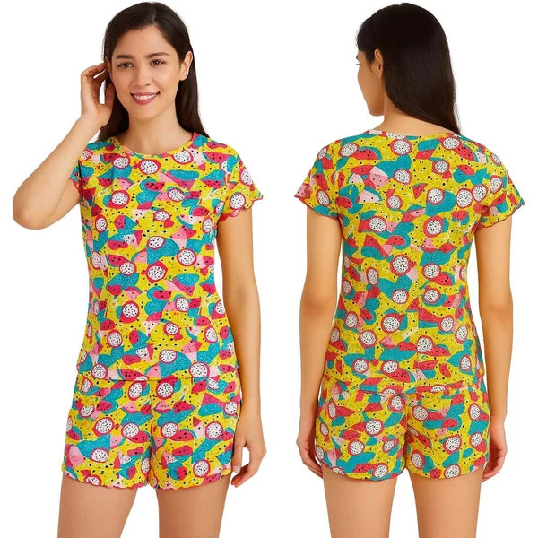 Ladies Pyjama Set PJS Short Sleeve Cotton Fruits Printed PJ Nightwear S to XL