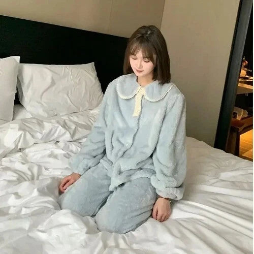 2 Pieces /Sets Winter Pajamas  Flannel Coral Long Sleeve  Suit Kawaii Velvet