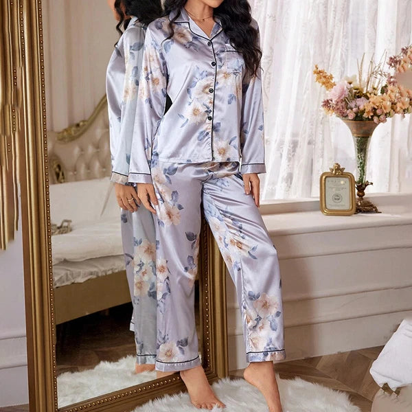 Women Silk Satin Pajamas Set Long Sleeve Button-Down Sleepwear Loungewear Charm