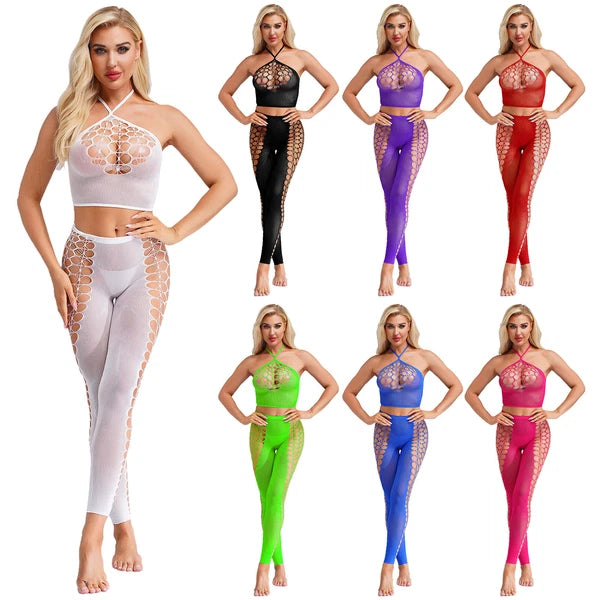 Womens Hollow Out Translucent Lingerie Set Stretchy Fishnet Solid Color Tights