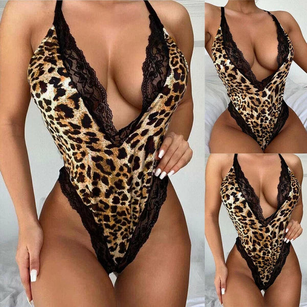 Womens Leopard Lace Bodysuit Lingerie Babydoll Nightwear Sleepwear Underwear