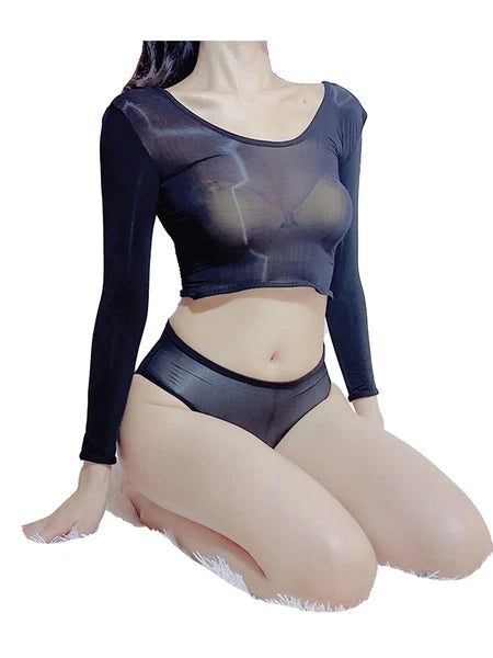 Womens Crop Top With Briefs Mid Waist Nightwear Long Sleeve Tops And Panties