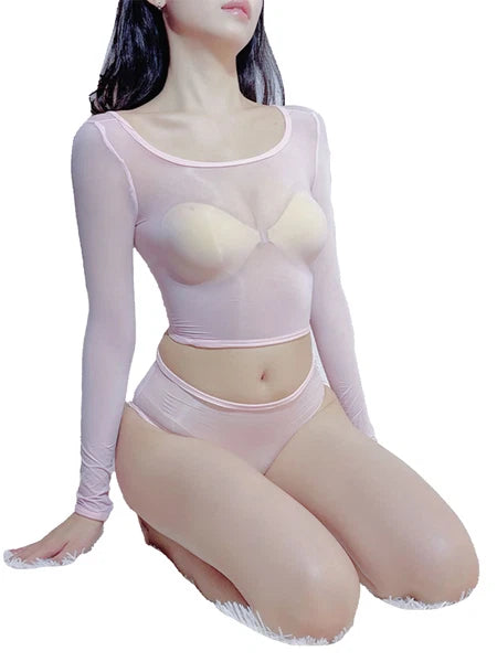 Womens Crop Top With Briefs Mid Waist Nightwear Long Sleeve Tops And Panties