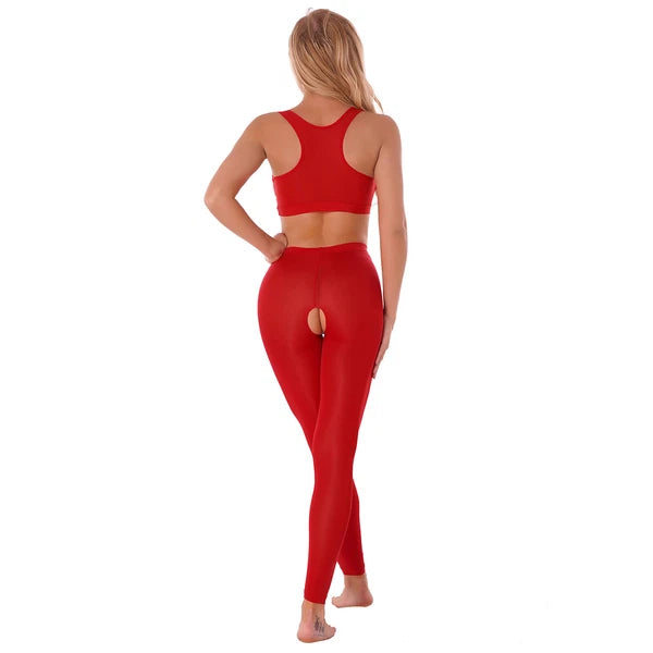 Women 2pcs Lingerie Set Sleeveless Crop Top High Waist Crotchless Leggings Pants