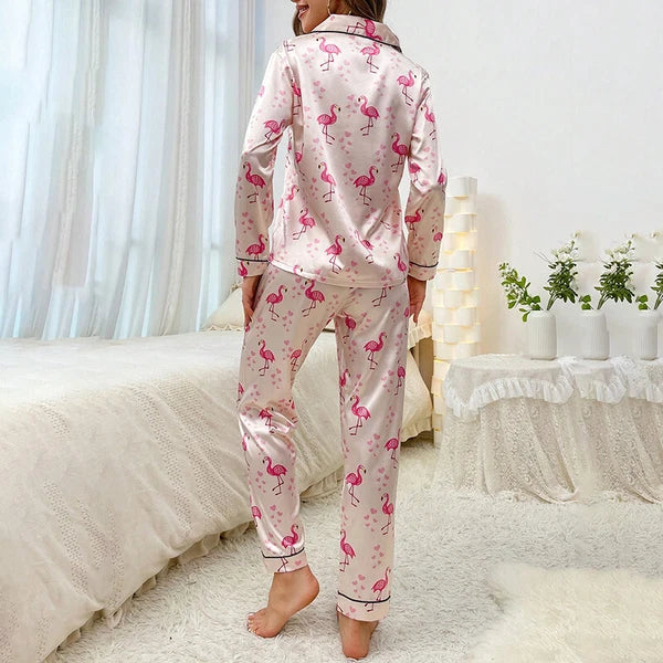 Women Silk Satin Pajamas Set Long Sleeve Button-Down Sleepwear Loungewear Charm