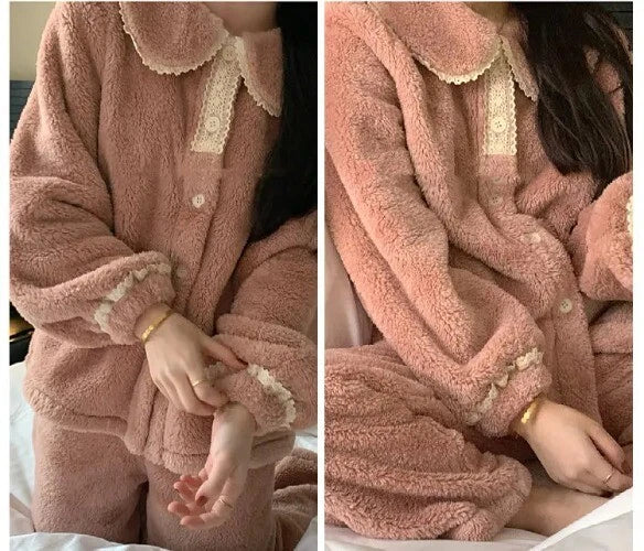 2 Pieces /Sets Winter Pajamas  Flannel Coral Long Sleeve  Suit Kawaii Velvet