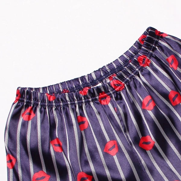 Women's Silk Satin Pajamas Set Short Sleeve Print Sleepwear Nightwear Pyjamas PJ