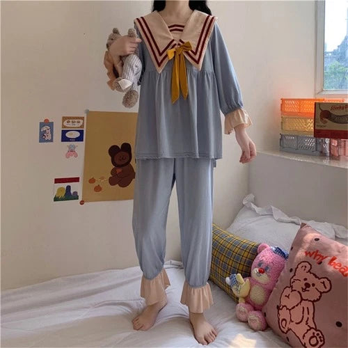 Navy Style Cute Homewear Vintage  Brief Pajamas Nightwear Sweet Chic Casual Sets