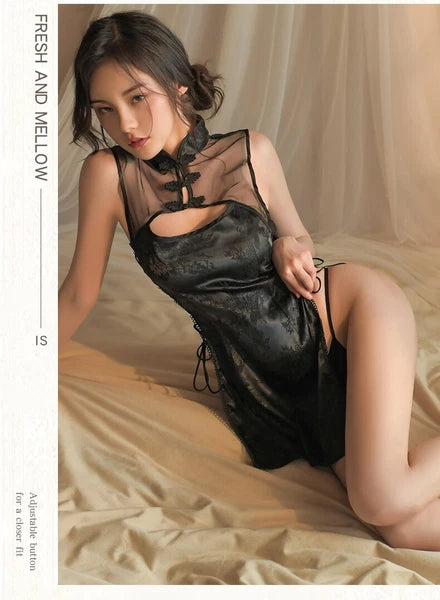 Straps Cheongsam Uniform Pajamas Cosplay Mesh Dress Women Sleepwear Set