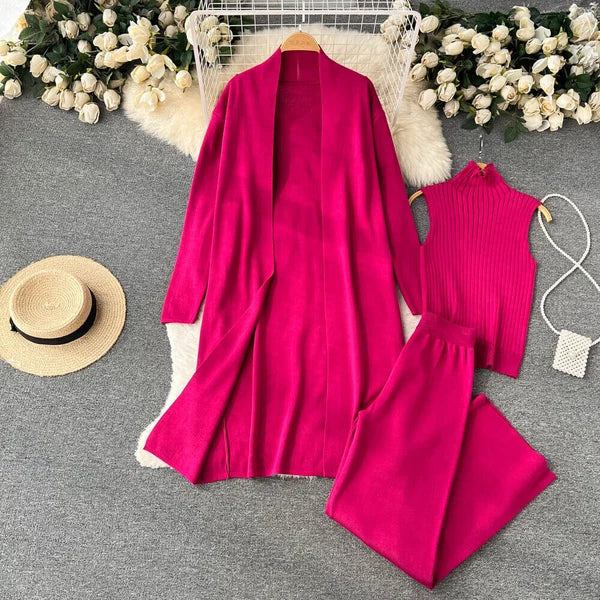 2023 Spring Knitted Women's Long Sleeved Cardigan+vest+long Pants Pajama Set