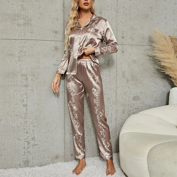 Women Silk Satin Pajamas Set Long Sleeve Button-Down Sleepwear Loungewear Charm