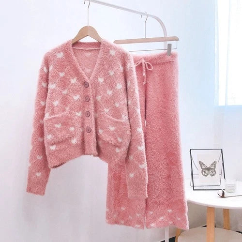 Velvet Sleepwear Winter Warm Pajamas Ladies Cardigan Pijamas Trousers Homewear