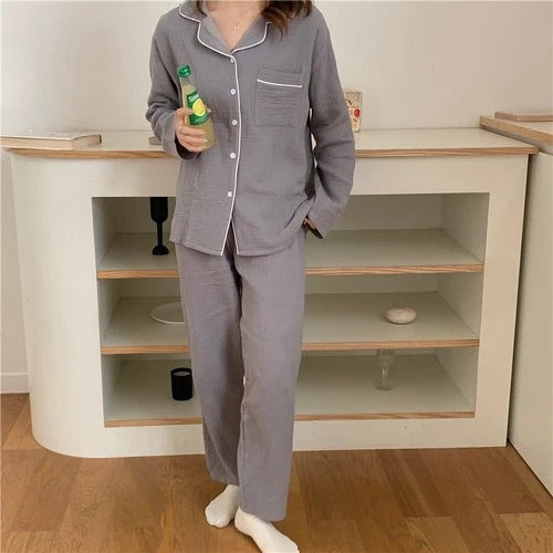 Spring Pajama Set Women Pure Cotton Crepe Long Sleeve Pajamas Suit Layer Gauze