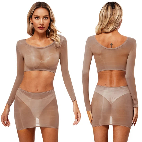 Womens Outfits Breathable Clubwear Long Sleeve Nightwear Nylon Lingerie Silky