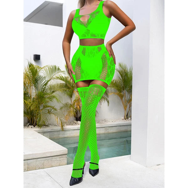 Womens Babydolls Babydoll Lingerie Set Hollow Out Nightwear 3-Piece Fishnet Set