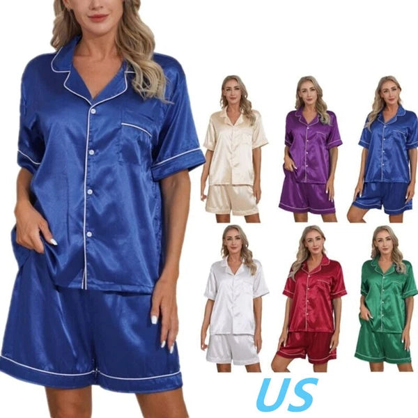 AU Womens Solid Satin Pajamas Set Tops with Shorts 2 Piece Sleepwear Loungewear
