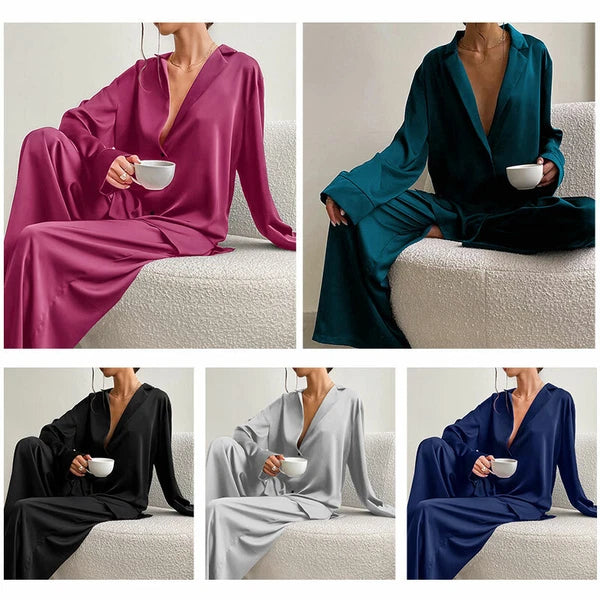 Women Luxury Silk Pyjama Oversized Sexy Pajamas Set Long Sleeves Satin Sleepwear