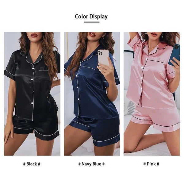 Women Silk Satin Pajamas Set Short Sleeve Button-down Sleepwear Nightwear Charm