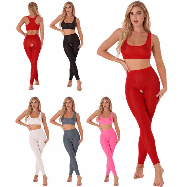 Women 2pcs Lingerie Set Sleeveless Crop Top High Waist Crotchless Leggings Pants
