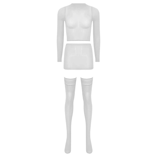 Womens Crop Top And Skirt With Stockings Round Neck Nightwear Tempting Glossy
