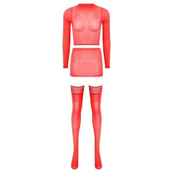 Womens Crop Top And Skirt With Stockings Round Neck Nightwear Tempting Glossy