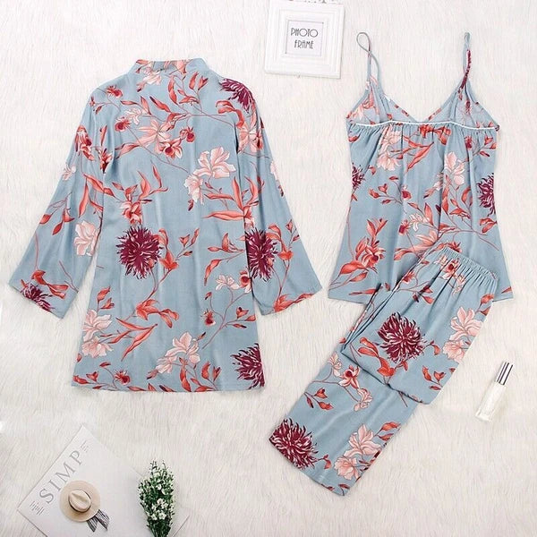 3PC Women Night Dress Silk-Cotton Pajama Sleepwear Long Robes Nightwear Gown Set