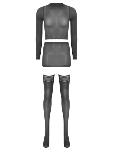 Womens Crop Top And Skirt With Stockings Round Neck Nightwear Tempting Glossy