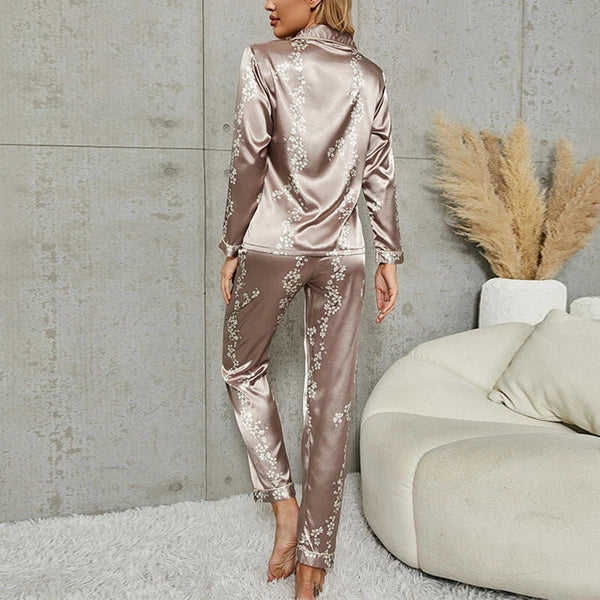 Women Silk Satin Pajamas Set Long Sleeve Button-Down Sleepwear Loungewear Charm