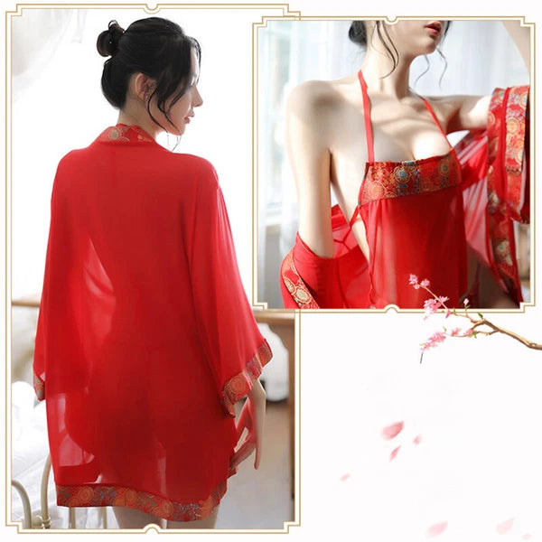 Chinese Sexy Hanfu Pajamas Three-Piece Suit Lingerie Doudu G-String Nightdress