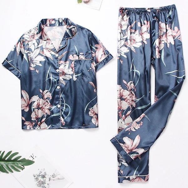 Women's Silk Satin Pajamas Set Short Sleeve Print Sleepwear Nightwear Pyjamas PJ