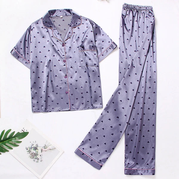 Women's Silk Satin Pajamas Set Short Sleeve Print Sleepwear Nightwear Pyjamas PJ