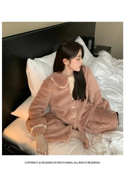 2 Pieces /Sets Winter Pajamas  Flannel Coral Long Sleeve  Suit Kawaii Velvet