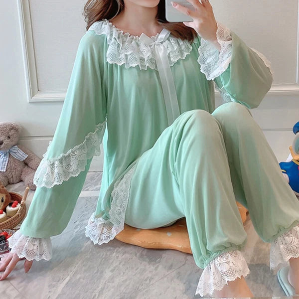 Women Girl Lace Mesh Pajamas Sets Nightie Lolita Ruffle Babydoll Sleepwear Sweet