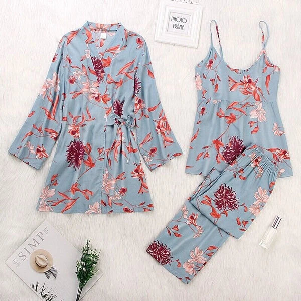 3PC Women Night Dress Silk-Cotton Pajama Sleepwear Long Robes Nightwear Gown Set