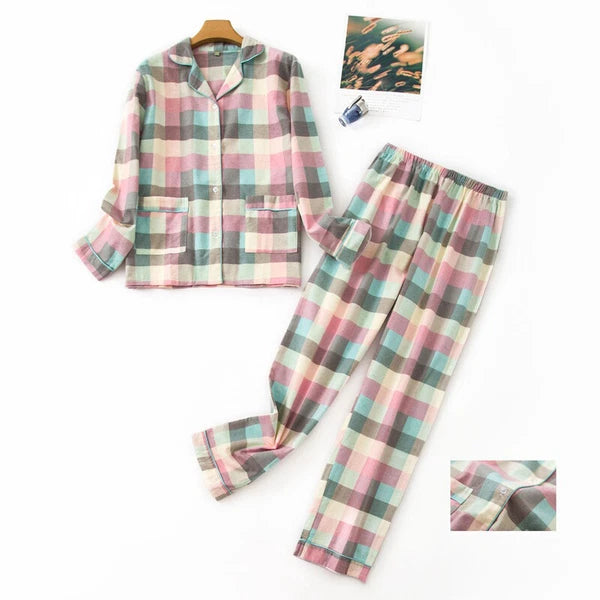 Ladies/Womens 100% Brushed Cotton Pyjamas Set Check Print Button Up Loungewear