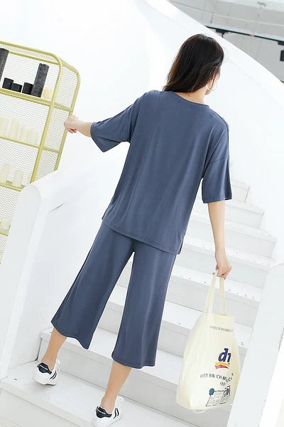 Plus Size XL 150KG Women Modal Pajamas Sets Short Sleeve Top + Calf-Length Pants
