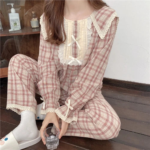 Lolita Princess Pajamas Set Women Loose Lacework Bow Tie Plaid Top Pants 2 Pcs