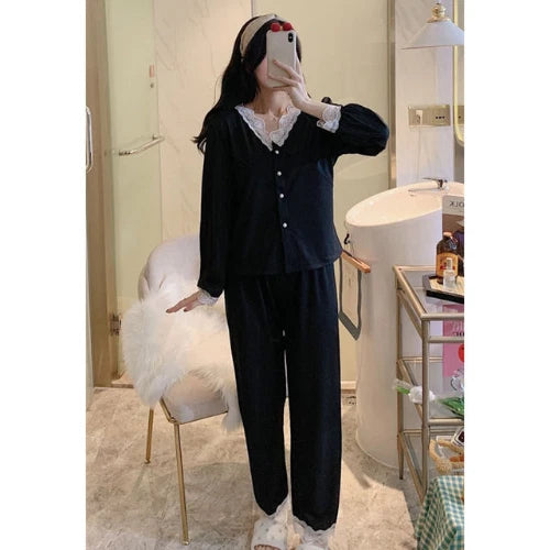 Pajama Sets Solid Lace V-neck Women Sweet Cute Kawaii Casual Long Sleeve  Loose