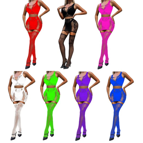 Women Fishnet Mesh Lingerie Set Babydoll Body Chemise Crop Tops Skirts Stockings