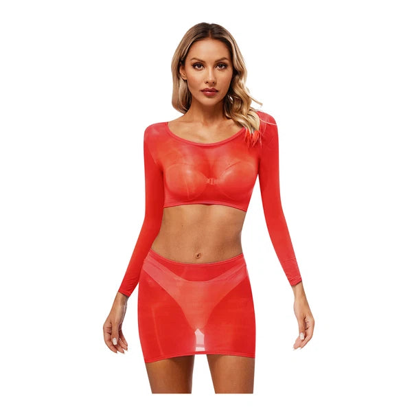 Womens Nightwear Bodycon Clubwear Nylon Outfits Perspective Crop Top Silky Mini