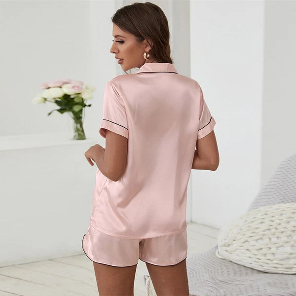 Women's Short Sleeve Silk Pajamas Set Print Satin Sleepwear Homewear Nightwear