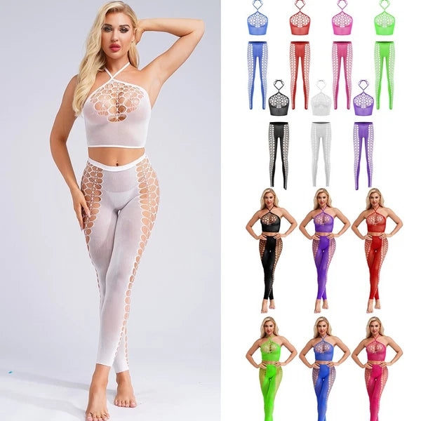 Womens Hollow Out Translucent Lingerie Set Stretchy Fishnet Solid Color Tights