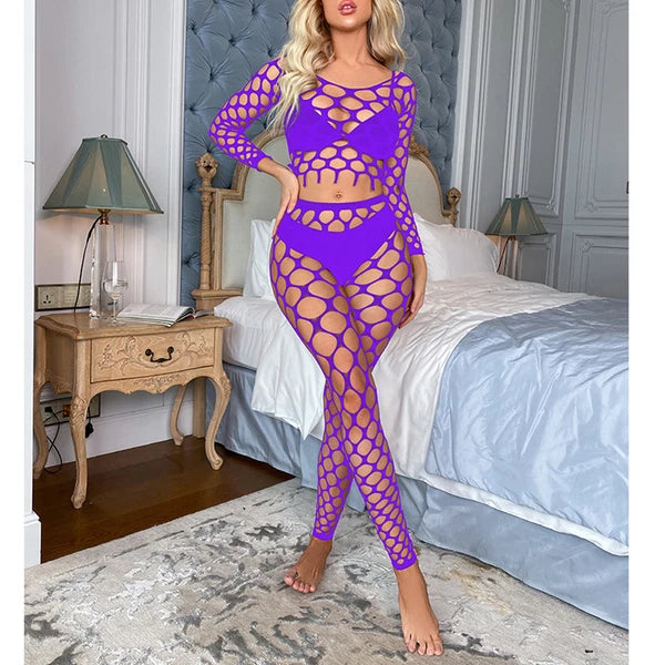 Womens Lingerie Sets Hollow Out See-Through Fishnet Nightwear Crop Top Leggings